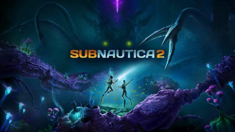 Subnautica 2 gameplay screenshot showing a player exploring an underwater ocean on a distant planet, with a vast array of marine life and colourful coral reefs, set against the backdrop of a stunning alien landscape, showcasing the game's unique blend of exploration and survival mechanics