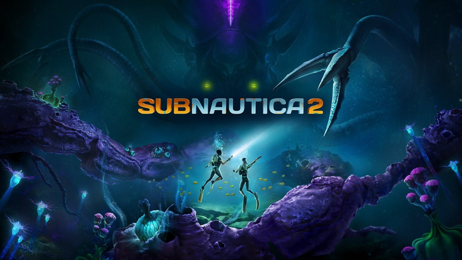Subnautica 2 gameplay screenshot showing a player exploring an underwater ocean on a distant planet, with a vast array of marine life and colourful coral reefs, set against the backdrop of a stunning alien landscape, showcasing the game's unique blend of exploration and survival mechanics