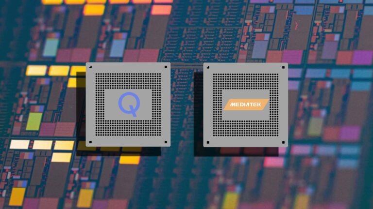 A close-up of a smartphone chipset, with the Qualcomm and MediaTek logos in the background, representing the 2nm SoC technology that is expected to revolutionize the UK smartphone market with its improved performance and features, but also posing a risk to mass adoption due to the higher cost