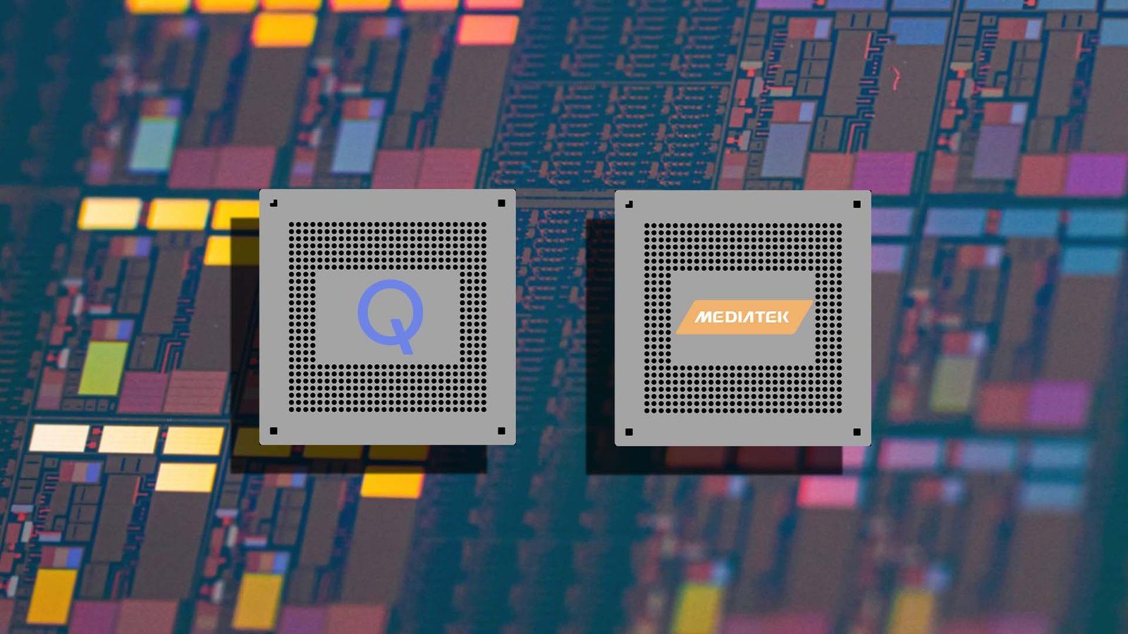 A close-up of a smartphone chipset, with the Qualcomm and MediaTek logos in the background, representing the 2nm SoC technology that is expected to revolutionize the UK smartphone market with its improved performance and features, but also posing a risk to mass adoption due to the higher cost
