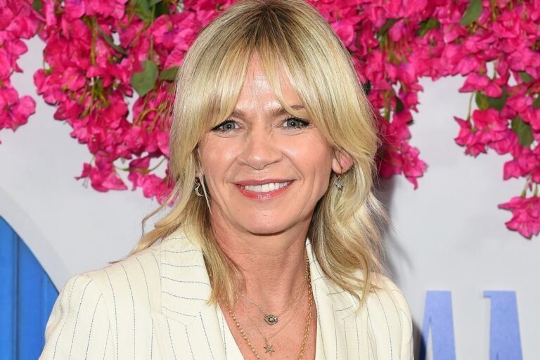 Zoe Ball smiling and looking professional, with a colourful background, discussing her thoughts on not getting the Strictly host job, a popular British TV show with a massive following