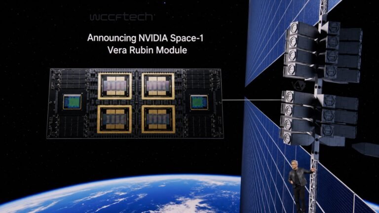 NVIDIA's futuristic AI datacentre in space, with the Earth in the background, showcasing the company's innovative approach to sustainable tech solutions in the UK