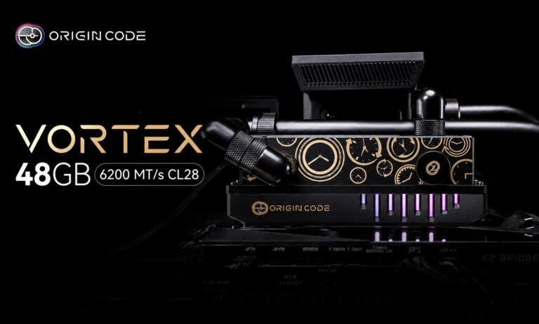 The Origin Code Vortex 48 GB DDR5-6200 kit, featuring a sleek LCD screen and liquid cooling system, designed to provide exceptional performance and enthusiast-grade cooling for demanding tasks, with a focus on DDR5 memory