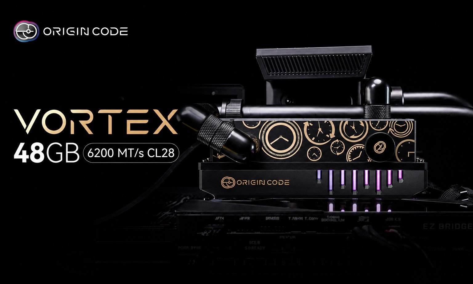 The Origin Code Vortex 48 GB DDR5-6200 kit, featuring a sleek LCD screen and liquid cooling system, designed to provide exceptional performance and enthusiast-grade cooling for demanding tasks, with a focus on DDR5 memory