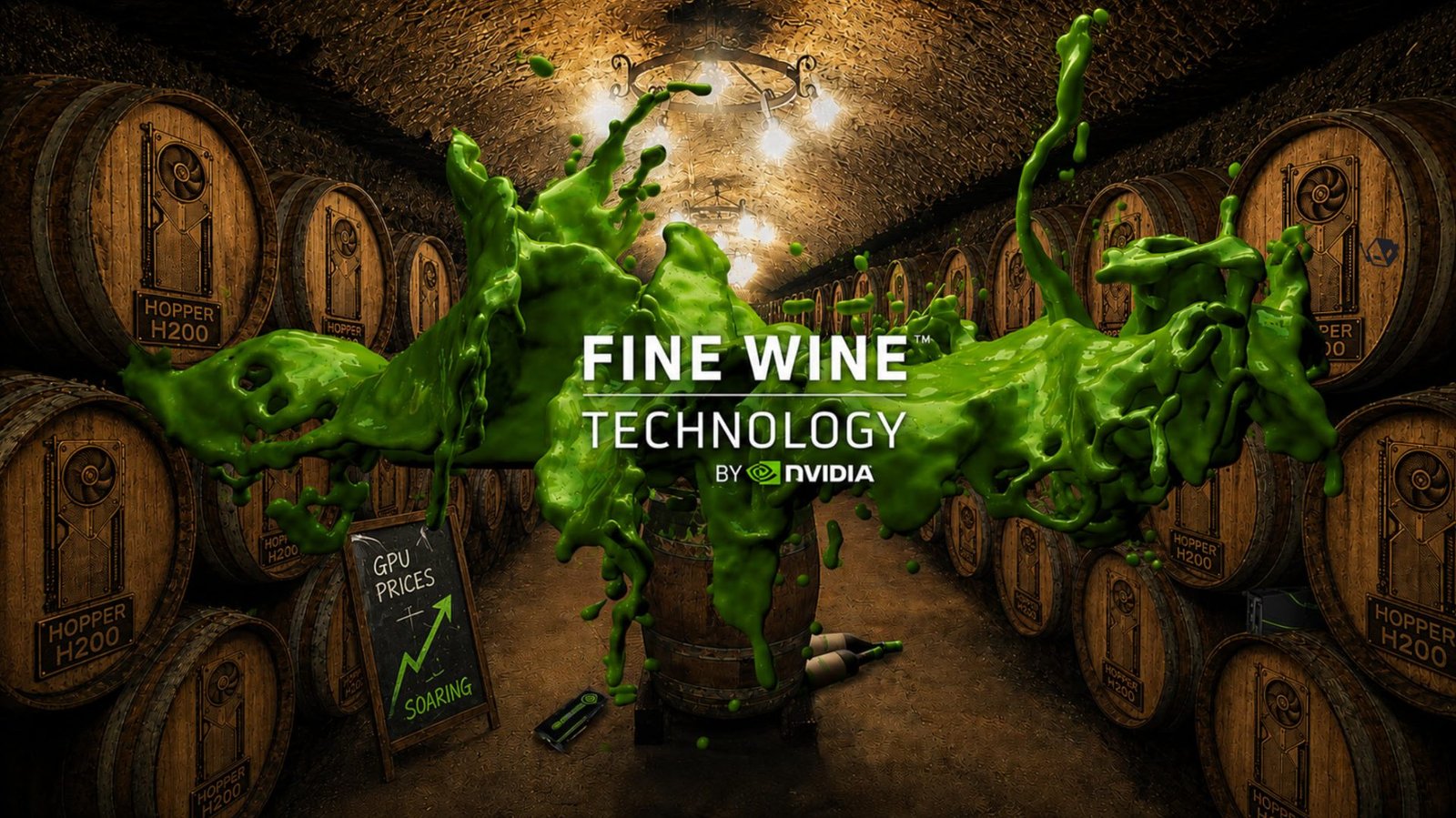 A close-up of a high-performance NVIDIA GPU, with a subtle background image of a wine cellar, highlighting the 'Fine Wine' moment in the tech industry, with the UK flag in the corner, representing the UK market