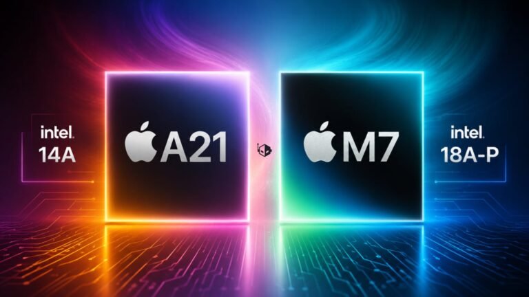 Apple and Intel logos with a background of microchips, representing the partnership between the two tech giants in the UK