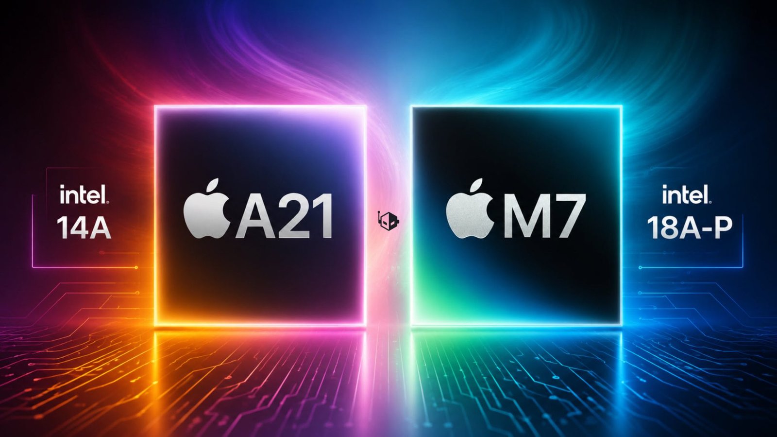 Apple and Intel logos with a background of microchips, representing the partnership between the two tech giants in the UK