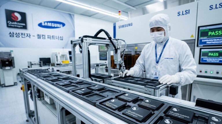 Samsung's UK factory, a symbol of the company's presence in the UK market, with a union strike looming in the background, highlighting the labour dispute and its potential consequences for the company's operations and reputation