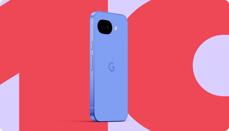 The Google Pixel 10a smartphone in Lavender colour, showcasing its sleek and durable design, with a flat camera module and minimal bezel, and a range of features such as a high-quality display and long-lasting battery life