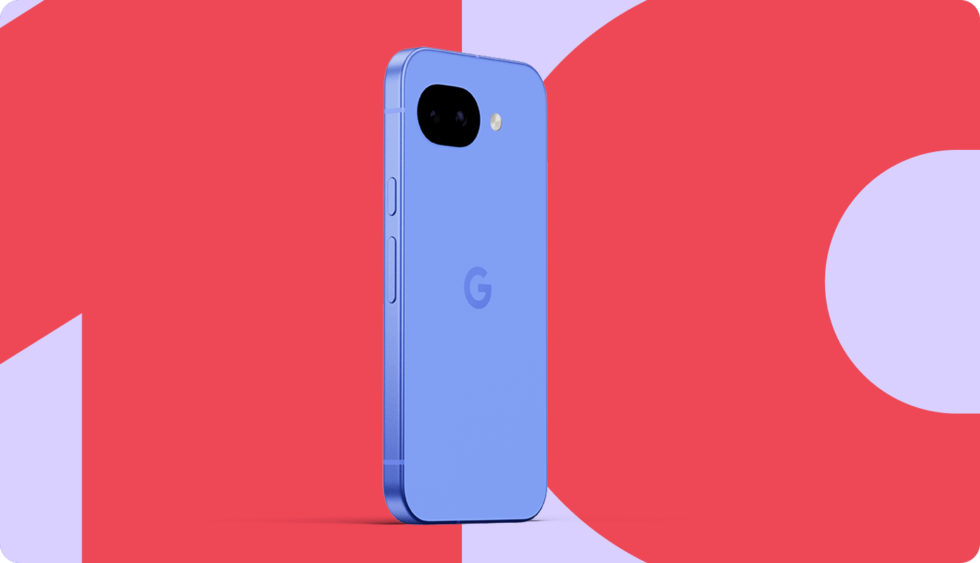 The Google Pixel 10a smartphone in Lavender colour, showcasing its sleek and durable design, with a flat camera module and minimal bezel, and a range of features such as a high-quality display and long-lasting battery life