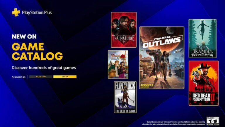 A group of friends gathered around a TV, excitedly playing PS Plus Extra games, including Star Wars Outlaws and Red Dead Redemption 2, with a focus on the UK gaming community and the latest additions to the Games Catalog and Classic's Catalog