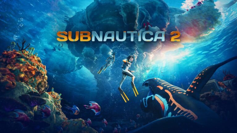 Subnautica 2 screenshot of a player exploring an underwater cave, with a school of fish swimming in the distance, showcasing the game's vibrant colour palette and detailed graphics