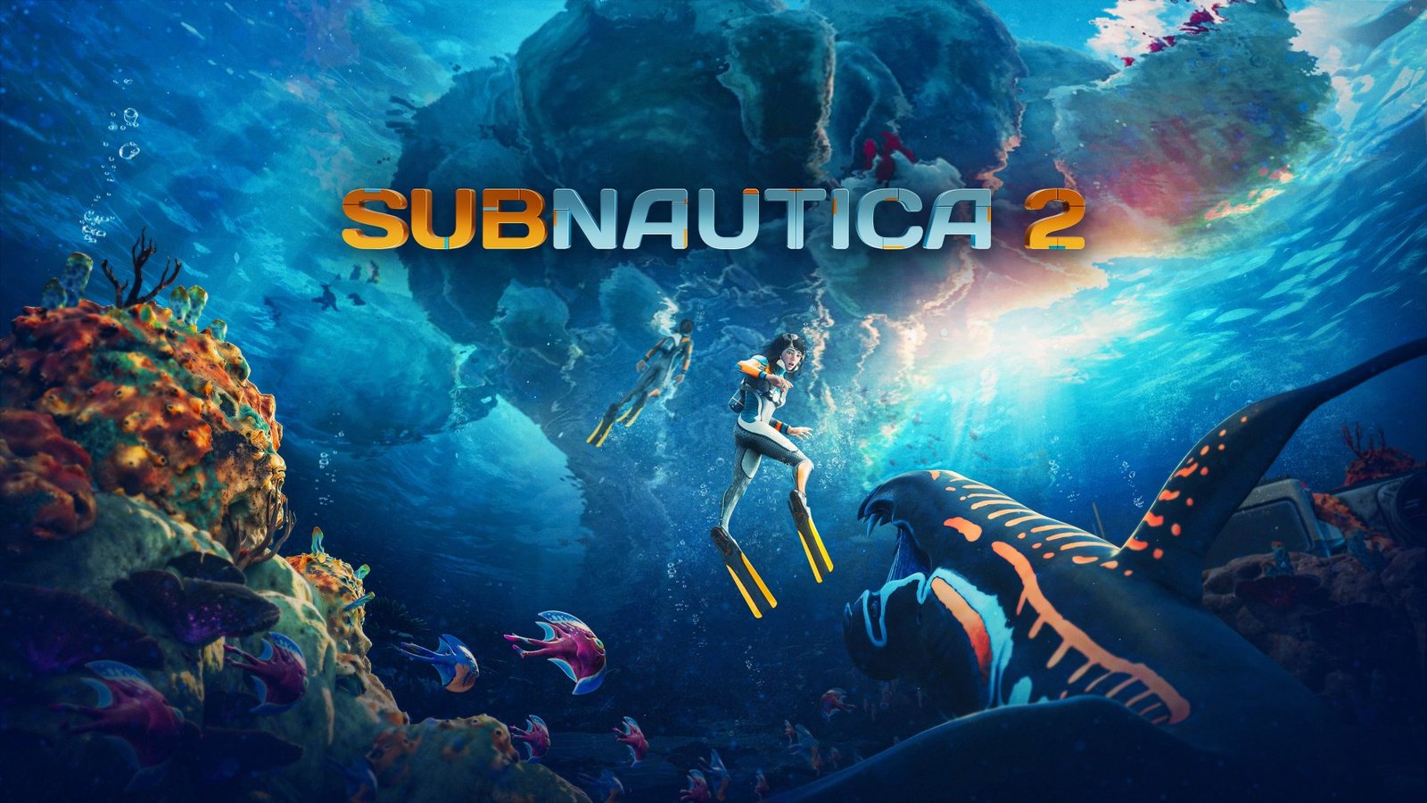 Subnautica 2 screenshot of a player exploring an underwater cave, with a school of fish swimming in the distance, showcasing the game's vibrant colour palette and detailed graphics