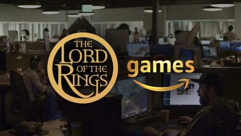 A screenshot of the new Lord of the Rings game, showing a realistic and detailed landscape, with a hobbit in the distance, set in the UK-inspired Shire, with a beautiful colour palette and realistic behaviour