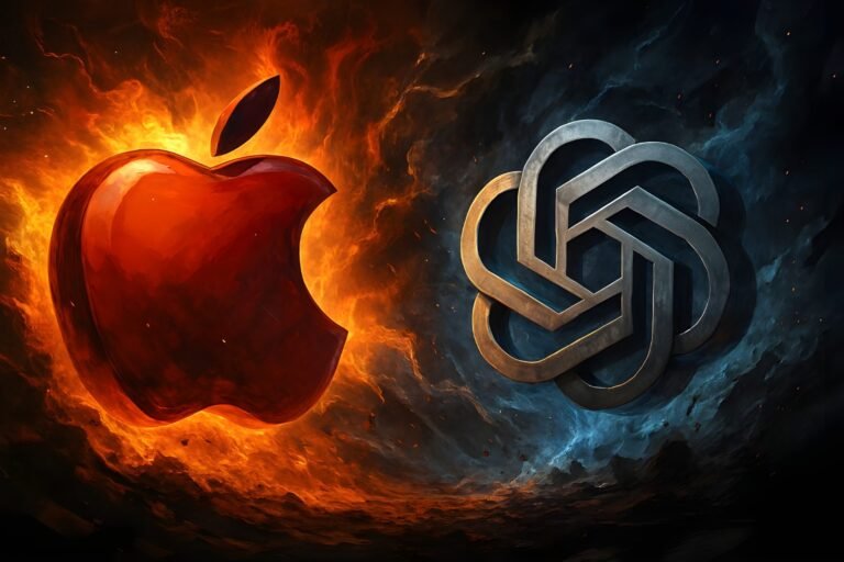 OpenAI and Apple logos with a UK flag in the background, representing the UK tech scene and the integration of ChatGPT within the iPhone