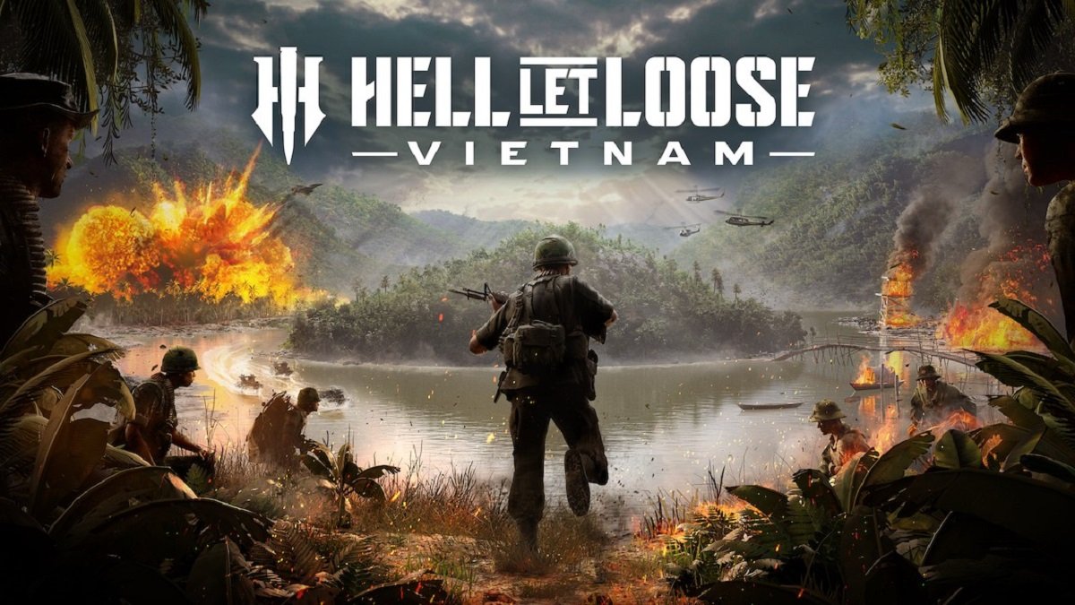 Hell Let Loose: Vietnam gameplay trailer screenshot showing a intense jungle battle with soldiers and tanks, set in the tropical jungle of Vietnam with a focus on 50v50 jungle warfare and tactical action