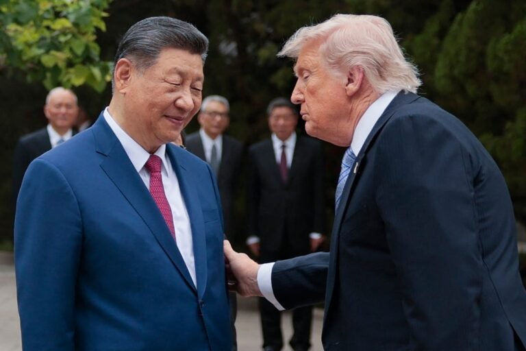 President Trump and President Xi Jinping meeting at the G20 summit, with a backdrop of US and Chinese flags, symbolising the complex and evolving US-China relationship, with a focus on trade and diplomacy