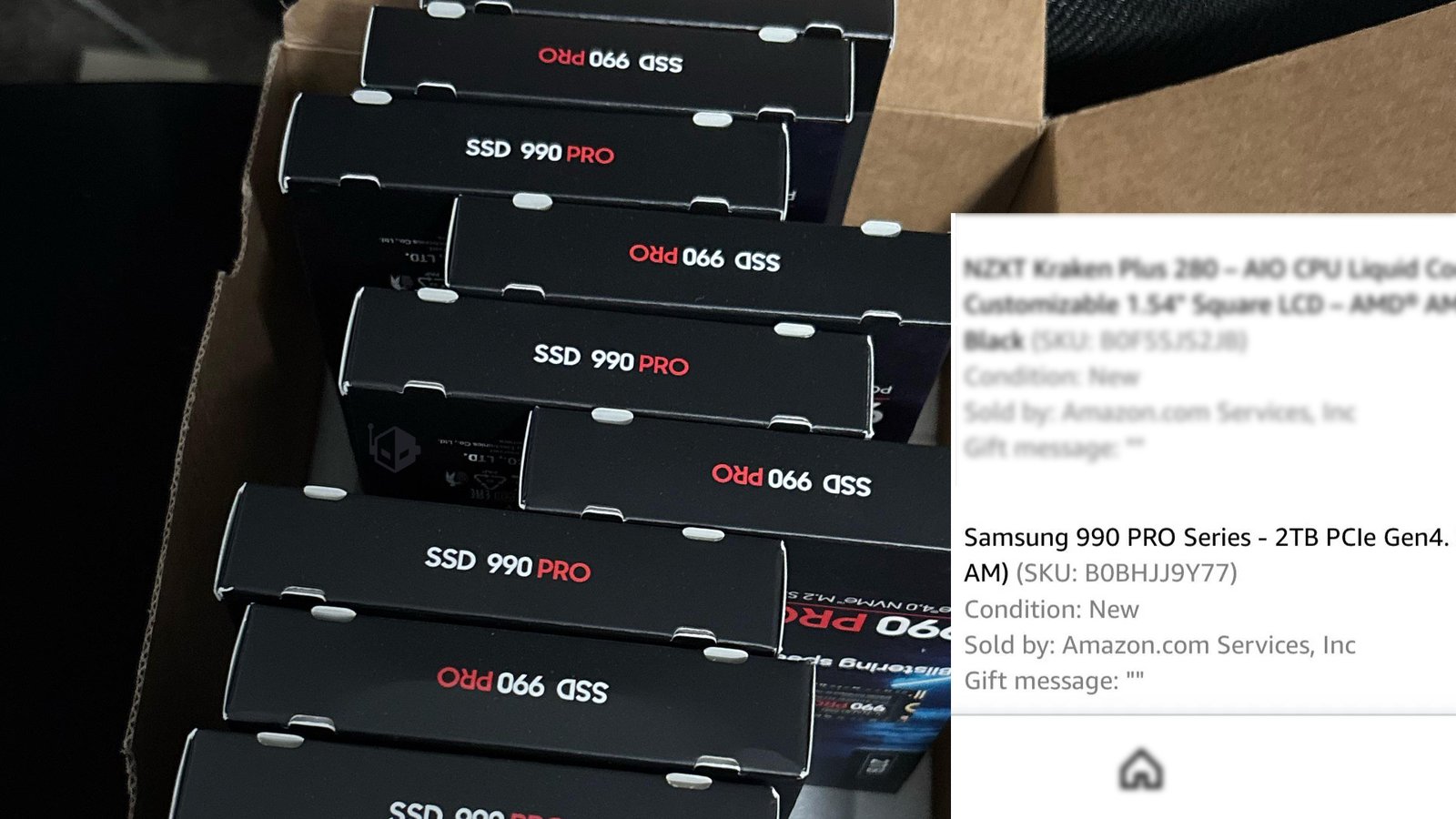 A photo of the Samsung 990 PRO SSD, a high-performance drive that was mistakenly sent to a Redditor in the UK, with a total value of nearly $4,800, highlighting the importance of quality control in online shopping