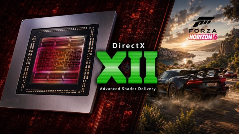A close-up of the AMD Radeon RX 7600 GPU, with a blurred background of a gaming keyboard and mouse, highlighting the primary keyword of Advanced Shader Delivery technology, which reduces load times and stuttering for a seamless gaming experience in the UK