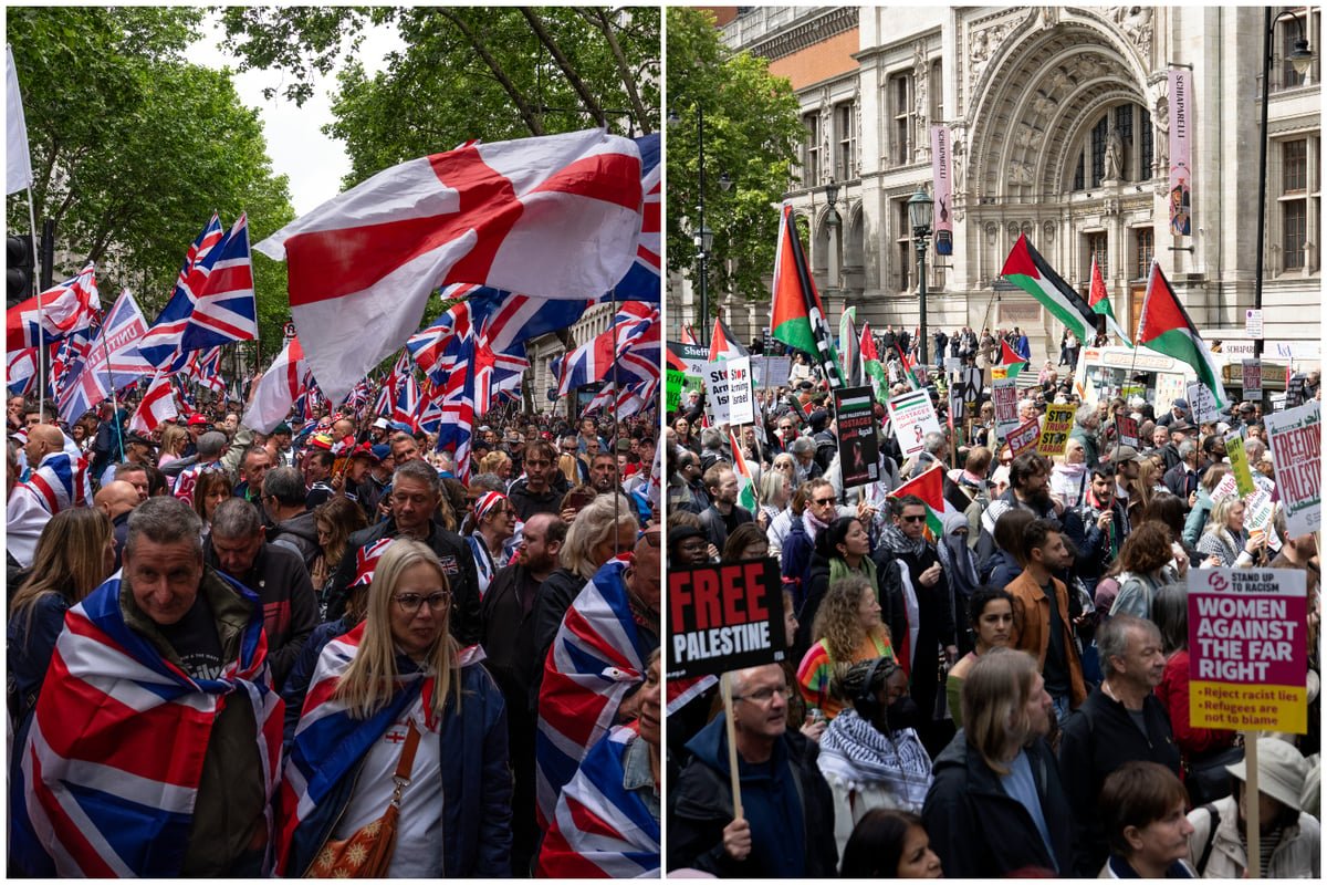 Police officers arresting a protester during a rally in London, with a background of protesters holding signs and banners, the primary keyword is hate crimes