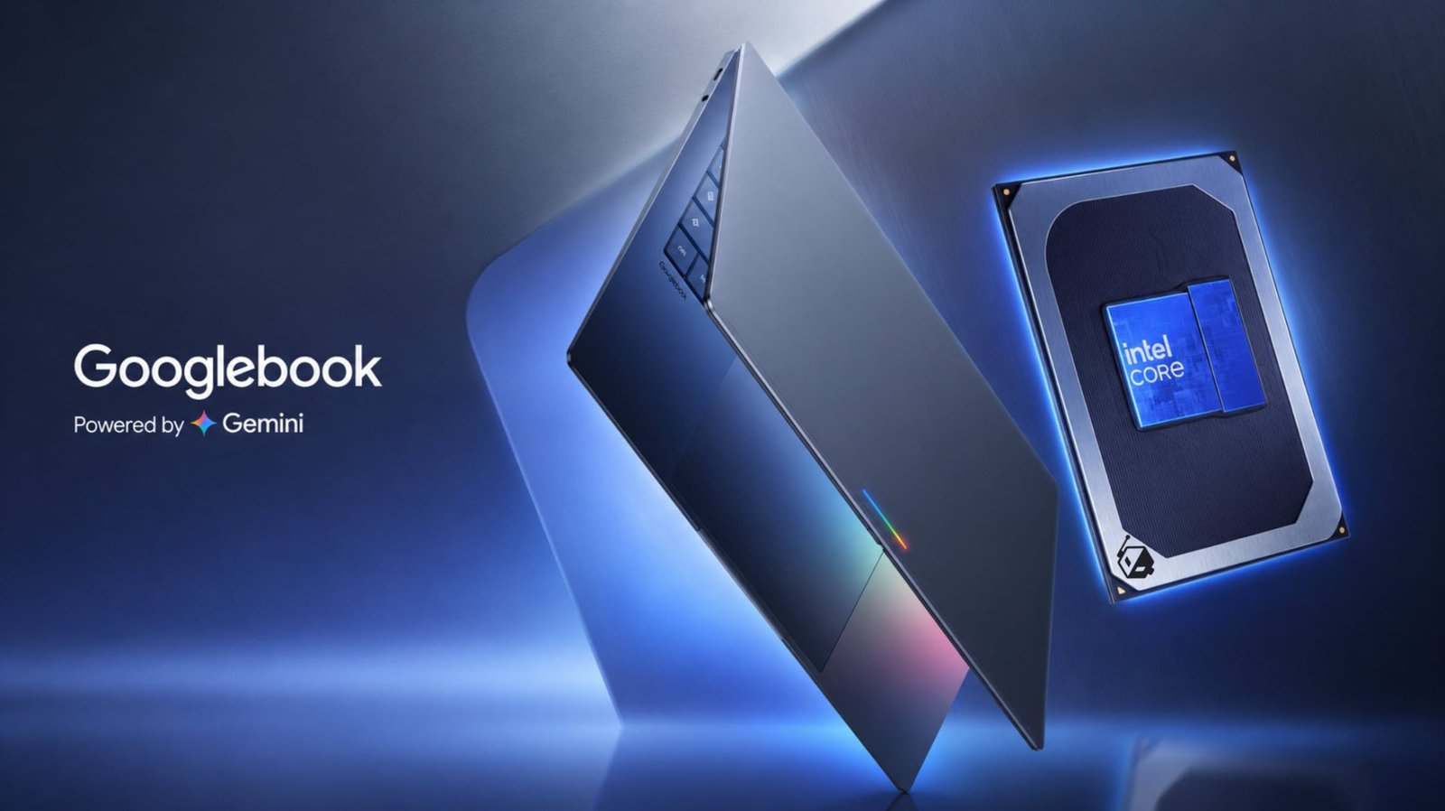 A close-up of a Googlebook laptop's processor, showcasing Intel's Panther Lake with 12 Xe3 cores, with a blurred background of a UK cityscape, highlighting the laptop's premium features and UK availability