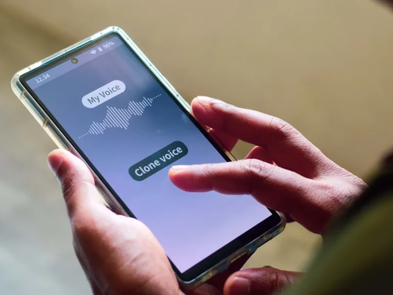 A person holding a phone, looking concerned, with a caption warning about the new phone scam targeting bank accounts, emphasizing the importance of phone safety and scam protection