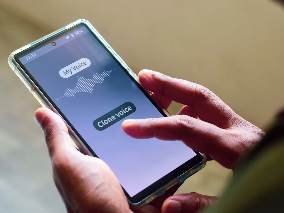 A person holding a phone, looking concerned, with a caption warning about the new phone scam targeting bank accounts, emphasizing the importance of phone safety and scam protection