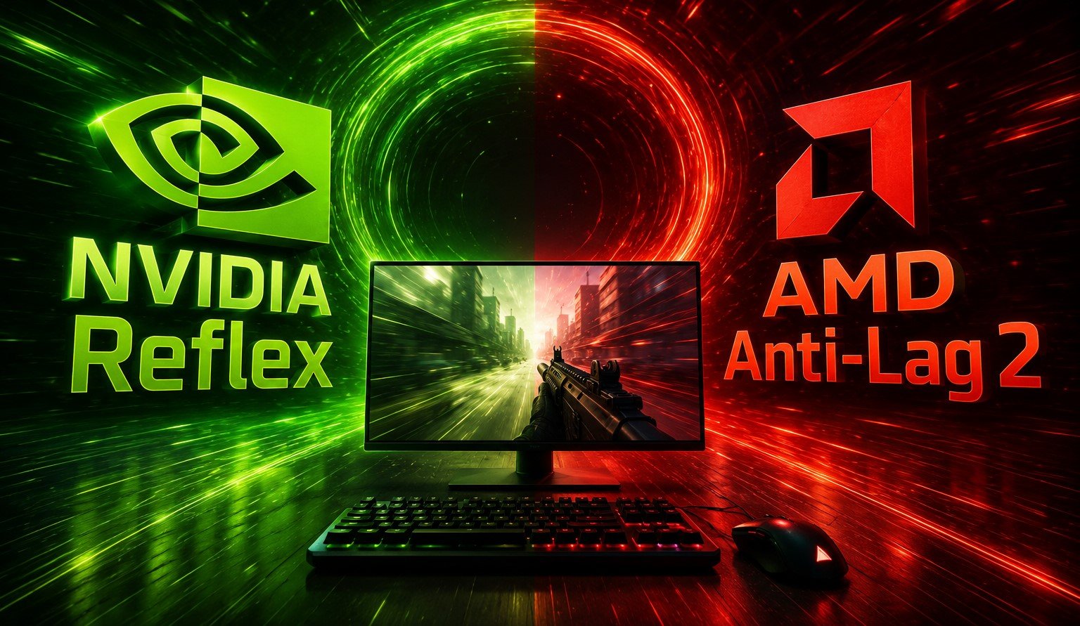 A descriptive image of a UK gamer enjoying a lag-free gaming experience courtesy of NVIDIA Reflex 2 on an AMD graphics card, highlighting the power of open-source Vulkan layers in reducing latency
