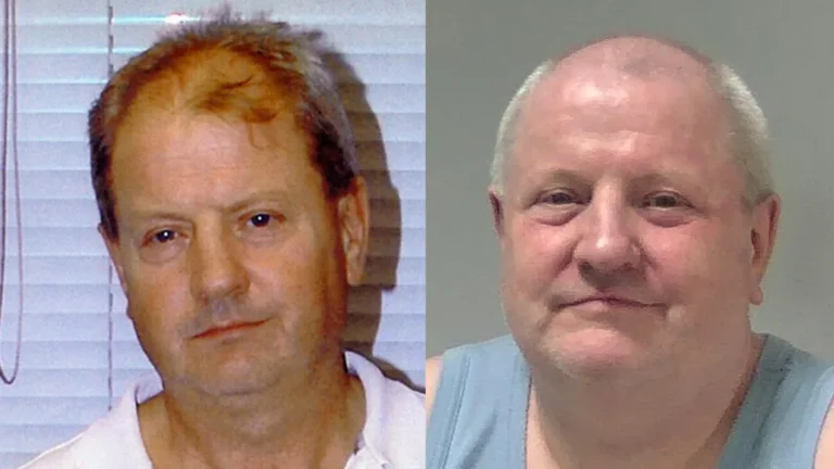 Serial killer Steve Wright being led away in handcuffs, a sombre expression on his face, with a blurred background of a courtroom, highlighting the primary keyword 'serial killer' in a natural and descriptive way