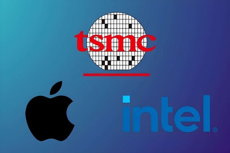 A high-tech chip fabrication facility, with rows of complex machinery and technicians in the background, highlighting the importance of TSMC in the UK's semiconductor industry, with a focus on chip fabrication and AI technology