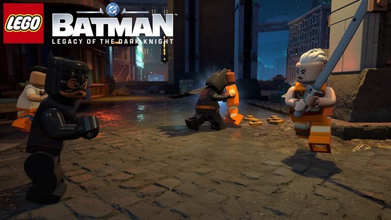LEGO Batman: Legacy of the Dark Knight gameplay screenshot, featuring Batman in combat with the Joker, with a focus on the Focus meter and Freeflow Combat System, set in the UK