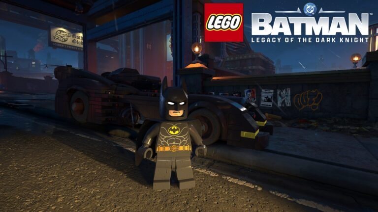 LEGO Batman: Legacy of the Dark Knight gameplay screenshot, featuring Batman launching Batarangs at destructible objects in the UK, with a focus on earning Studs fast and mastering the Combo Multiplier.