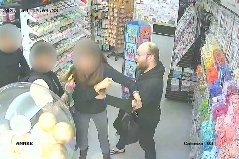 A shopkeeper standing in front of a store, with a determined look on his face, symbolizing his bravery in tackling suspected shoplifters, with a focus on the primary keyword of shoplifting