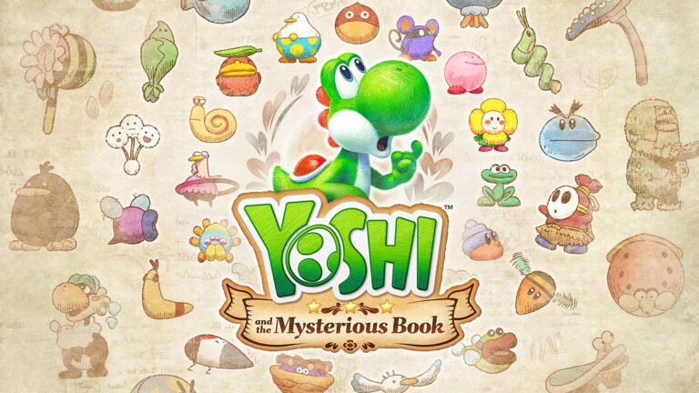 Yoshi and the Mysterious Book featured image, a colourful and whimsical picture of Yoshi exploring a sandbox world filled with creatures, with a crayon-inspired art style and a mysterious book in the background, showcasing the game's unique visuals and gameplay