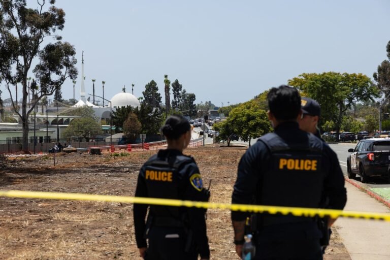 A sombre image of a mosque, with a banner reading 'United Against Hate' in the foreground, highlighting the primary keyword 'San Diego mosque shooting' in a natural and descriptive way