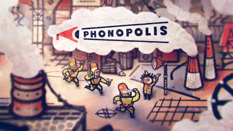 Phonopolis featured image, a dystopian cityscape made from cardboard, with a mix of brown and grey colours, and a sense of surveillance and control, showcasing the game's unique art style and attention to detail, with a primary focus on the keyword Phonopolis