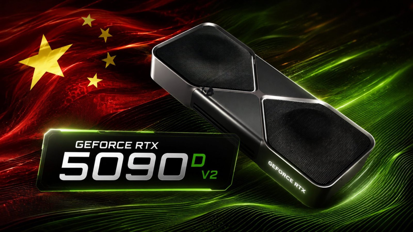 A close-up of the NVIDIA RTX 5090 D v2 GPU, with a Chinese flag in the background, symbolising the ban on the product in China, highlighting the complex relationship between NVIDIA, China, and the UK gaming industry