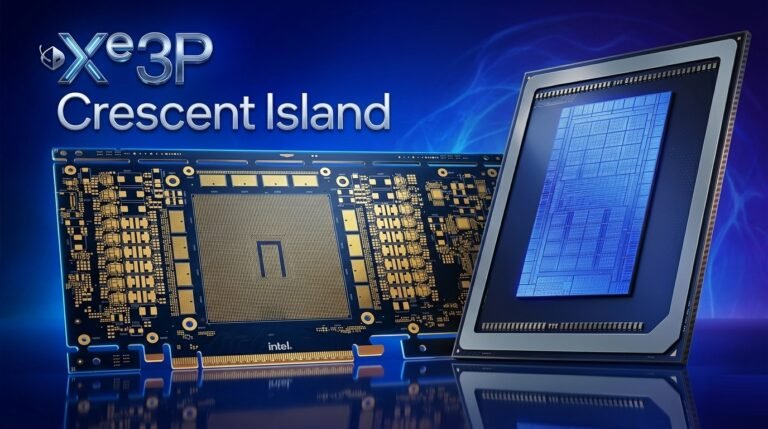 A close-up of the Intel Crescent Island PCB, showcasing the massive Xe3P GPU, 16-pin connector, and 160GB LPDDR5X memory, highlighting the cutting-edge technology and innovative design of this AI accelerator, which is set to transform the UK's AI industry with its impressive specs and competitive pricing
