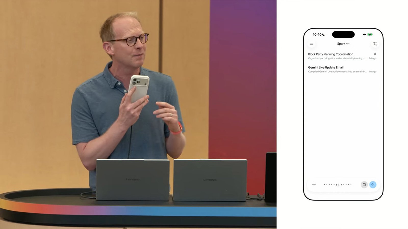 Google executive Josh Woodward holding an iPhone 17 Pro to demo Gemini Spark, the company's latest personal AI agent, at a conference in the UK, with a colourful background and a crowd of people watching, the iPhone 17 Pro screen displaying the Gemini Spark interface, the image captures the moment when the iPhone 17 Pro was used instead of a Pixel series device, highlighting the company's behaviour and preferences in the UK