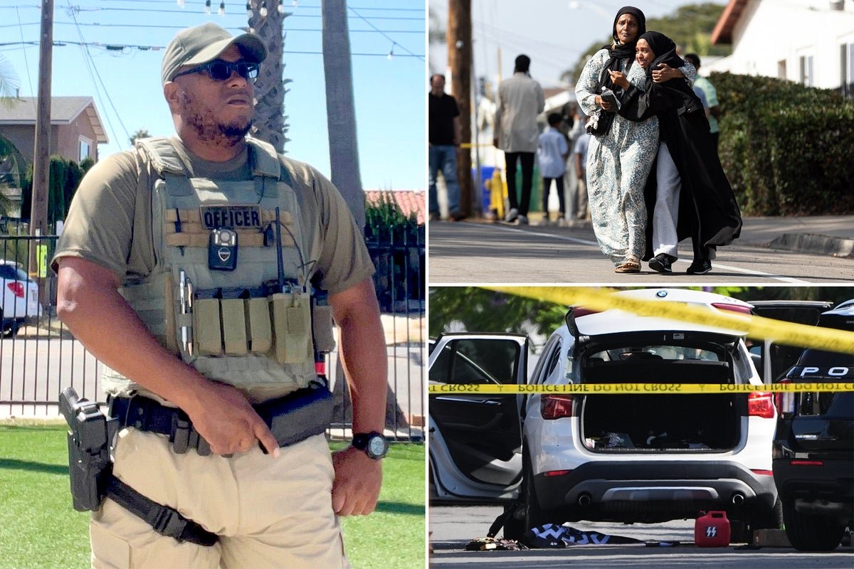 A sombre image of the San Diego Islamic Centre, with people gathered outside, paying their respects to the victims of the senseless shooting, a tragic incident that has raised concerns about the safety of religious institutions and the need to promote tolerance and understanding, with the primary keyword being Islamic Centre shooting