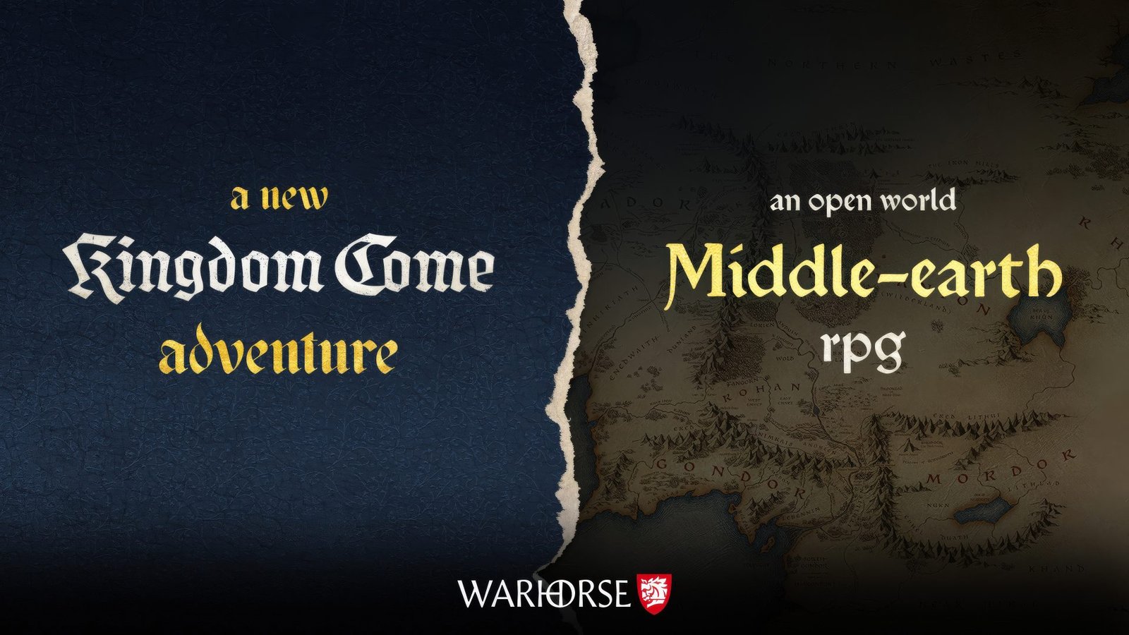 Warhorse Studios logo with a Middle-earth landscape in the background, showcasing the developer's new projects in the UK gaming market, including Kingdom Come Deliverance 3 and a Middle-earth RPG
