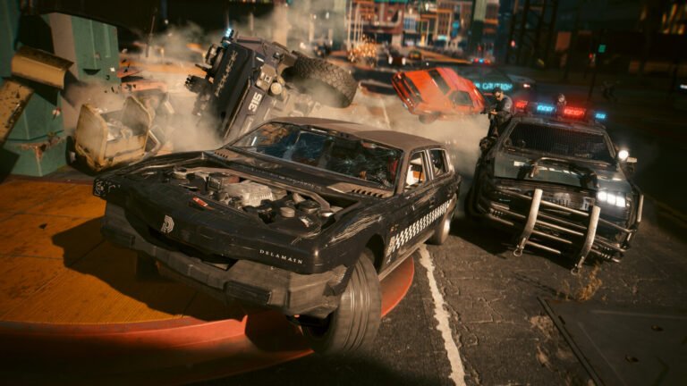 The PlayStation 5 console, with a screenshot of Cyberpunk 2077 in the background, showcasing the game's path tracing capabilities in stunning detail, a major breakthrough for UK gamers