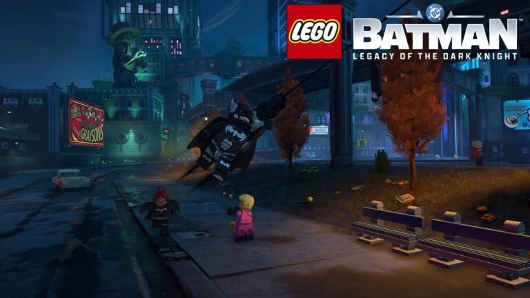 LEGO Batman gliding through Gotham City in the UK, building Focus with Focused Maneuvers skill