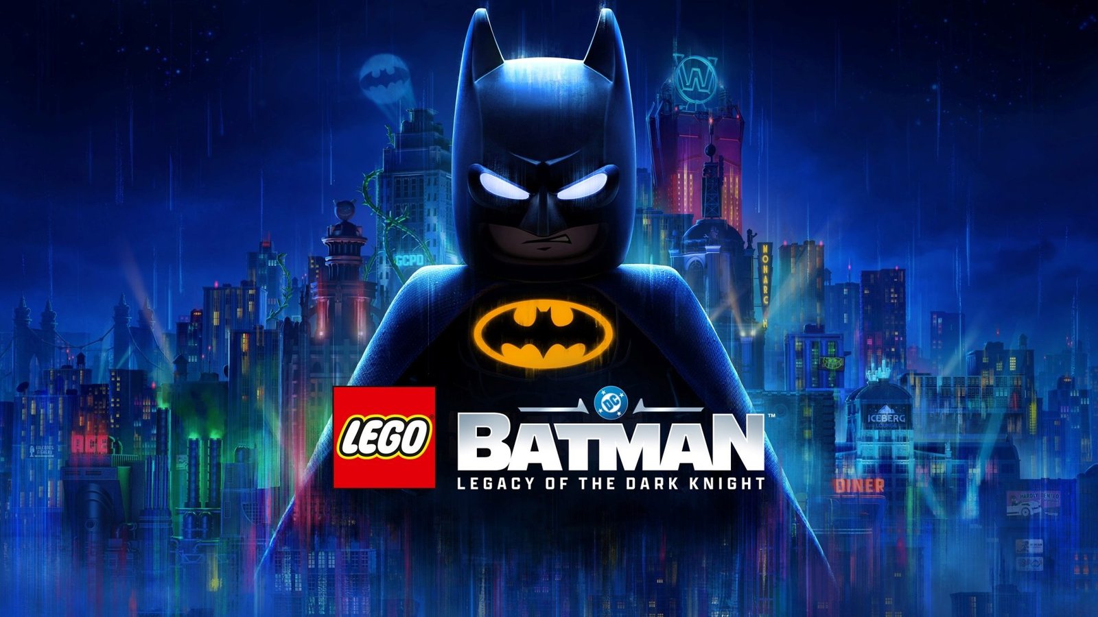 LEGO Batman standing heroically in front of the Gotham City skyline, with the Bat-Signal shining brightly in the night sky, symbolising the epic battle against evil in the UK