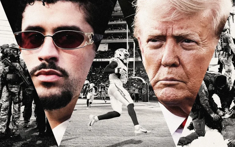 A descriptive image of a football stadium with a crowd of people holding signs that read ICE and NFL, symbolising the controversy surrounding the Super Bowl, with a primary focus on the NFL