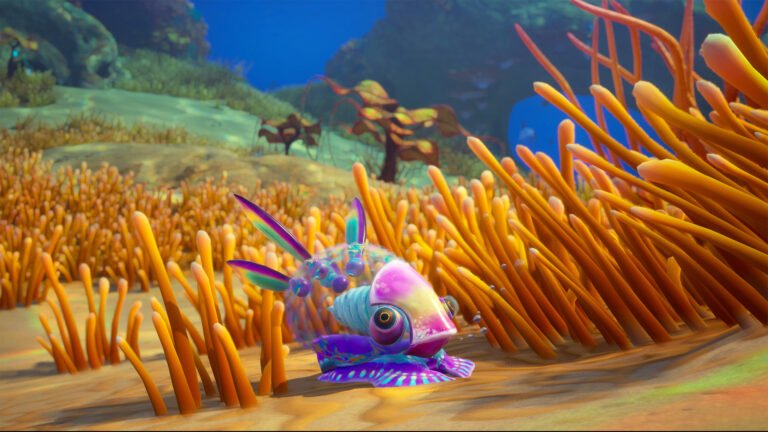 Subnautica 2 gameplay screenshot showing a player navigating the underwater world, with a predatory fish lurking in the background, set in the UK
