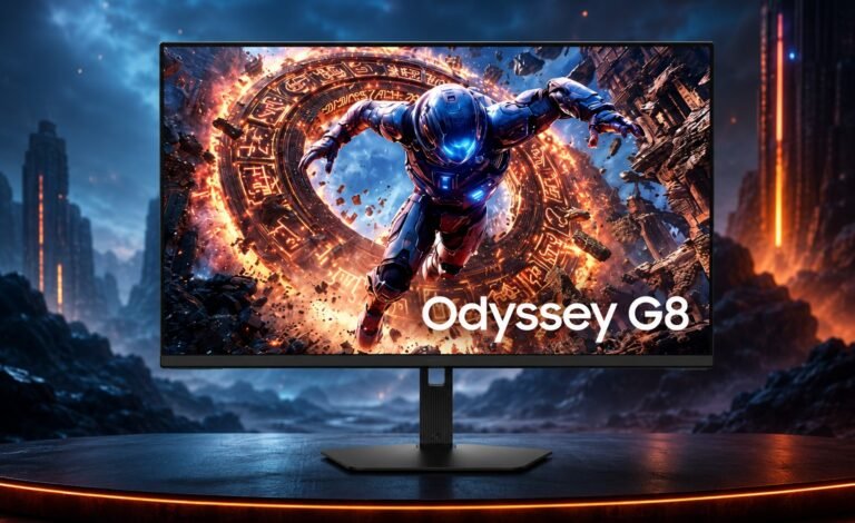 Samsung Odyssey G8 6K OLED gaming monitor with 4th-gen Penta Tandem panels, offering high-resolution gaming experiences in the UK with vibrant colour and fast refresh rates, perfect for UK gamers seeking exceptional performance and behaviour