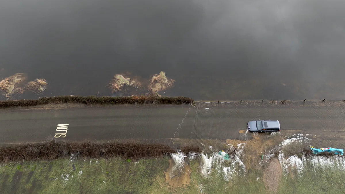A rainy day in the UK, with rain pouring down and a weather warning sign in the background, symbolizing the heavy rainfall and flooding expected in the country