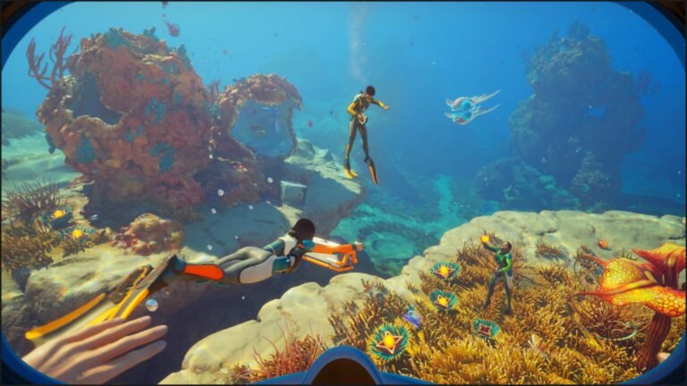 Subnautica 2 gameplay screenshot featuring a stunning oceanic landscape with a variety of sea creatures, showcasing the game's immersive and engaging environment, which has contributed to its massive success in the UK gaming market