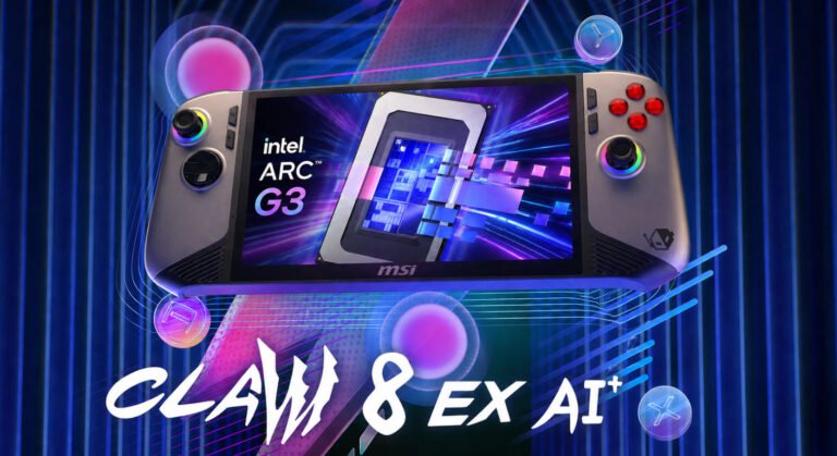 The MSI Claw 8 EX AI+ gaming handheld device, featuring a sleek design and cutting-edge technology, with a large screen and comfortable controls, perfect for gaming on the go with the Arc G3 Extreme chip